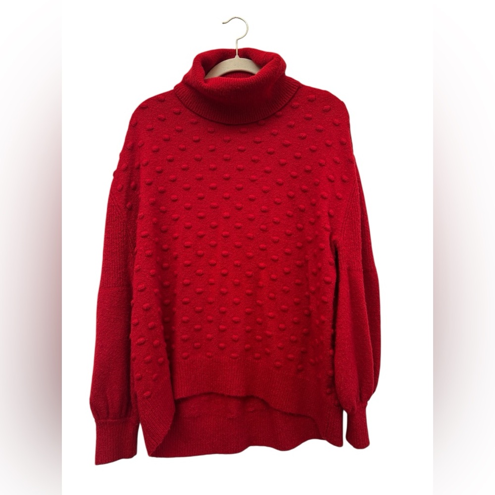Gibson Latimer Red Bobble Knit Turtleneck Sweater High Low Oversized Nordic M